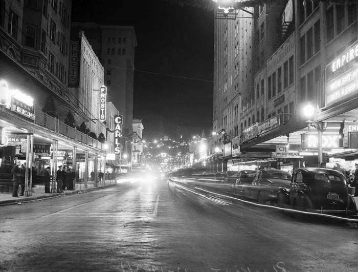 Houston looking east from St. Mary’s Street intersection during city blackout, 1941