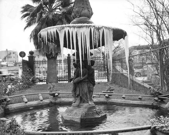 Icicles on City Water Board fountain on Market St., San Antonio, 1949
