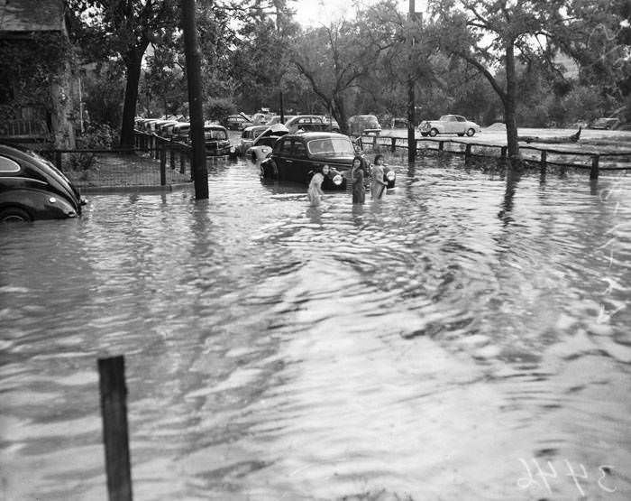 People and automobiles in flooded street, 1947