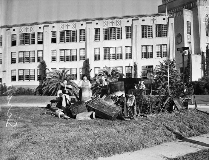 Central Catholic High School's scrap metal pile, 1942
