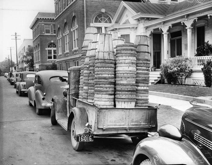 Pickup truck with load of spinach crates for Battle of Flowers Parade, 1940