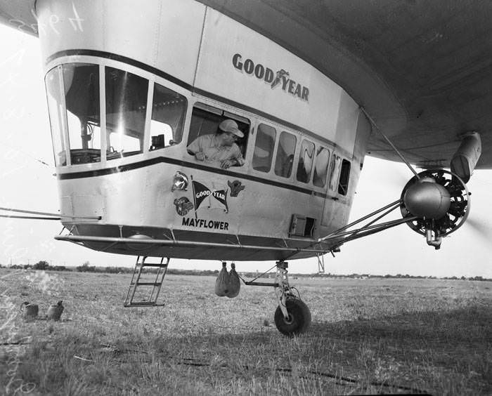 Goodyear blimp at the new municipal airport, 1947