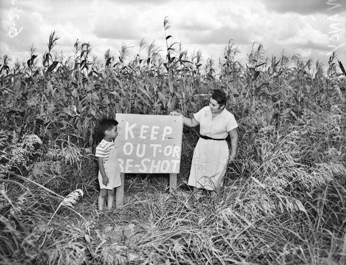 Nancy Mireles and son Joel, with sign in corn field, 1948