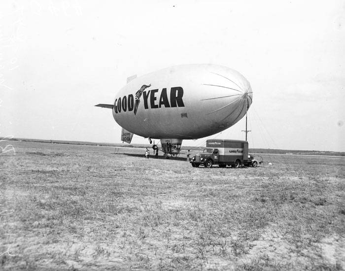 Goodyear blimp at the new municipal airport, 1947