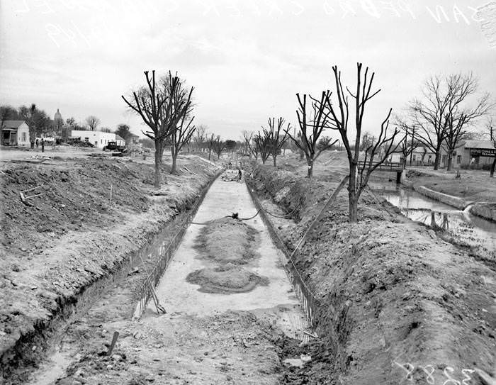 Relocation of San Pedro Creek for new highway construction, 1949
