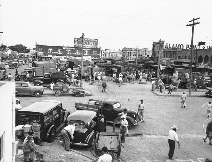 Haymarket Plaza, San Antonio, 1947. View looking west from market building towards Haymarket Plaza.