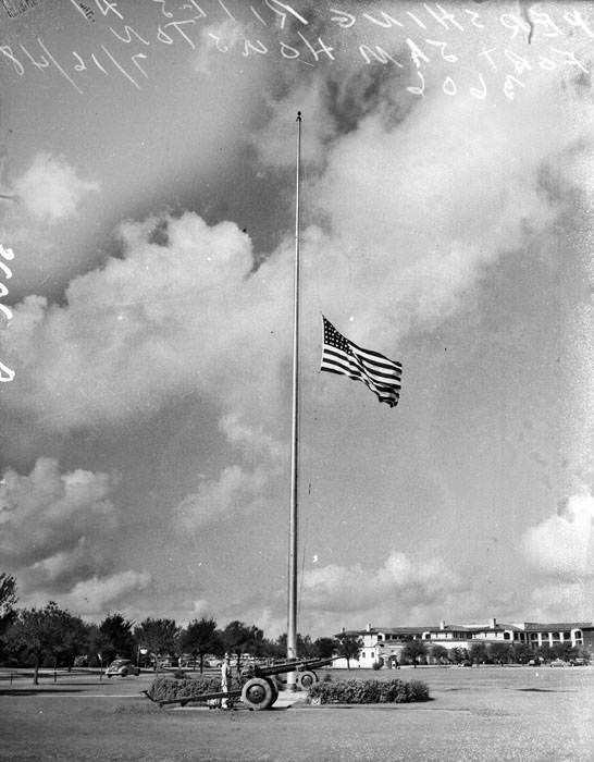 Flag at half-mast in Fort Sam Houston quadrangle, San Antonio, 1948