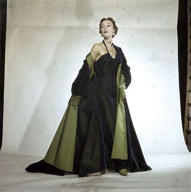 Sophie Malgat in iridescent evening gown and mantle by Jacques Fath, Fall/Winter Collections, 1950