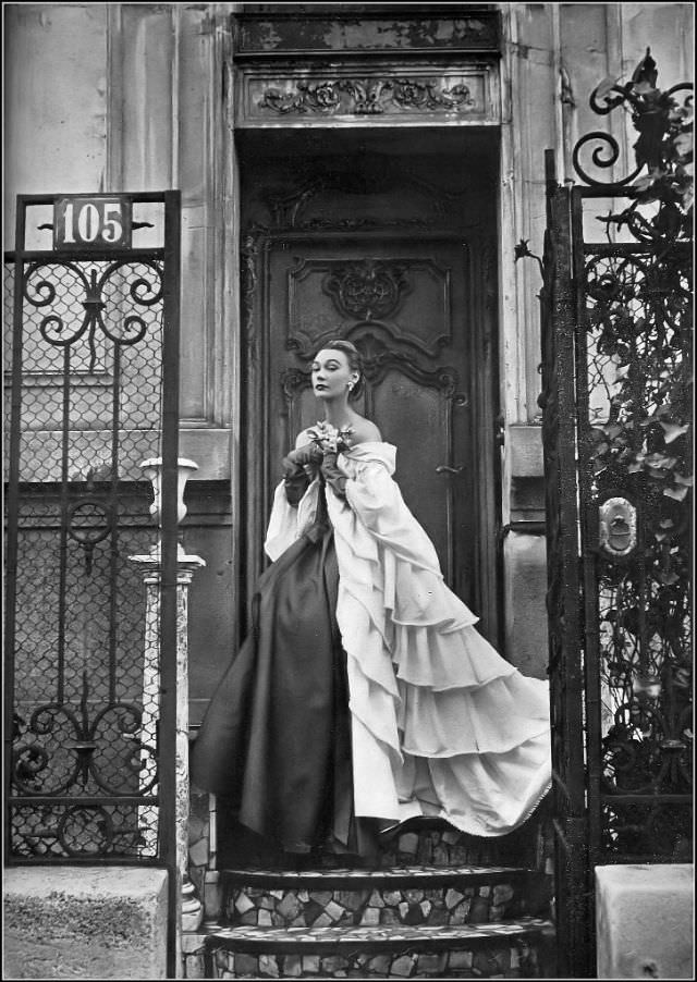 Sophie Malgat in Givenchy's evening gown with voluminous ruffled, tiered manteau, photo by Karen Radkai, Harper's Bazaar, April 1952