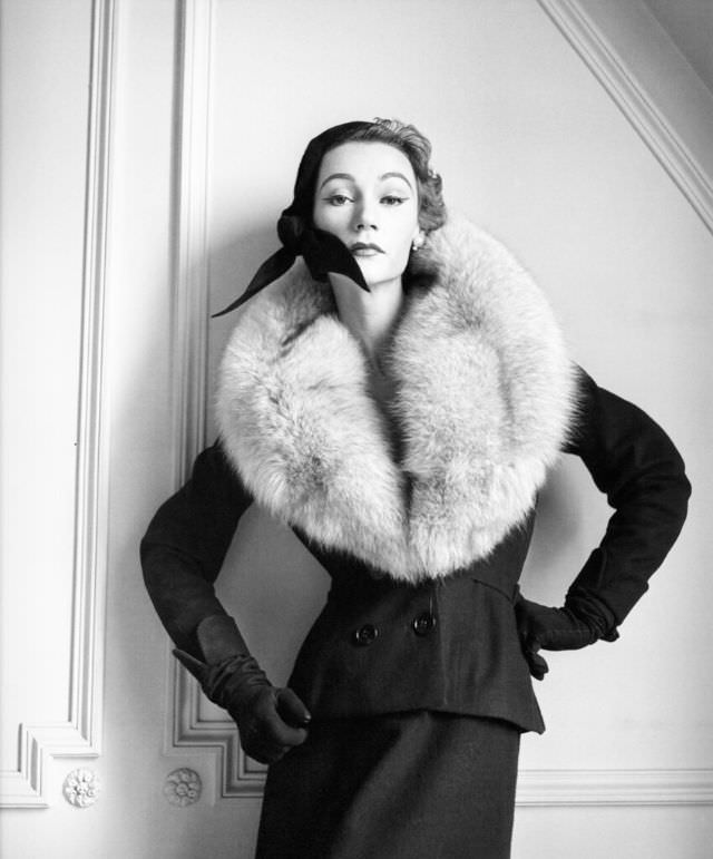 Sophie Malgat in suit with Norwegian blue fox collar by Jacques Fath, photo by Milton Greene, Paris, Life, September 8, 1952