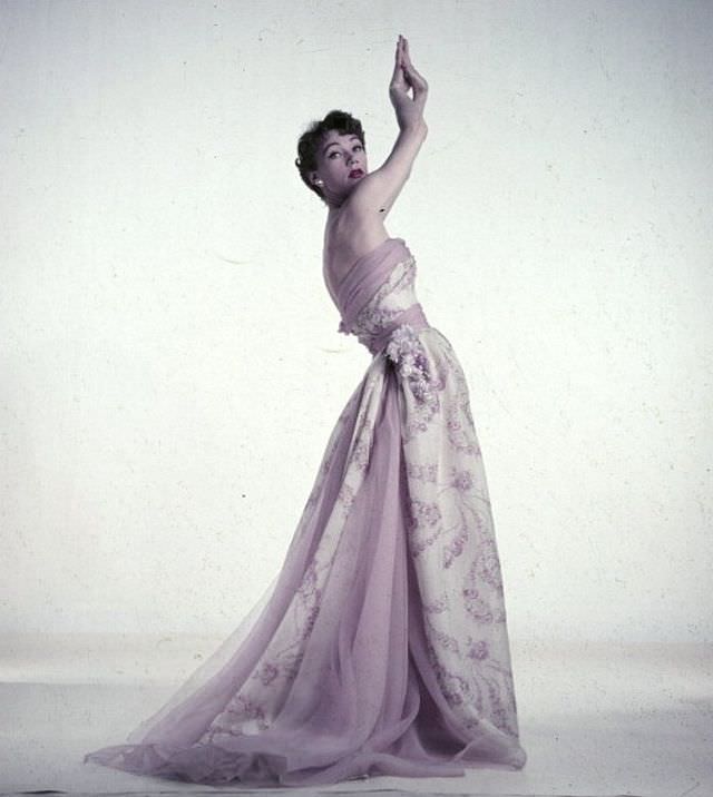 Sophie Malgat in pale lilac silk print and chiffon gown by Christian Dior, Spring collection 1953,