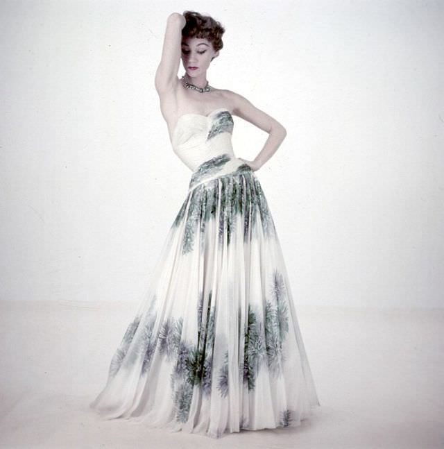 Sophie Malgat in strapless evening gown by unidentified designer, photo by Walter Carone, Paris, February 1953