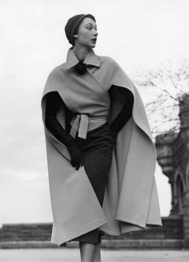 Sophie Malgat in wool cape over wool dress by Bonnie Cashin for Neiman Marcus, 1950