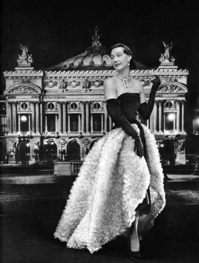 Sophie Malgat in evening gown of black chiffon and white ruffled tulle embroidered with sequins by Cristobal Balenciaga, 1951