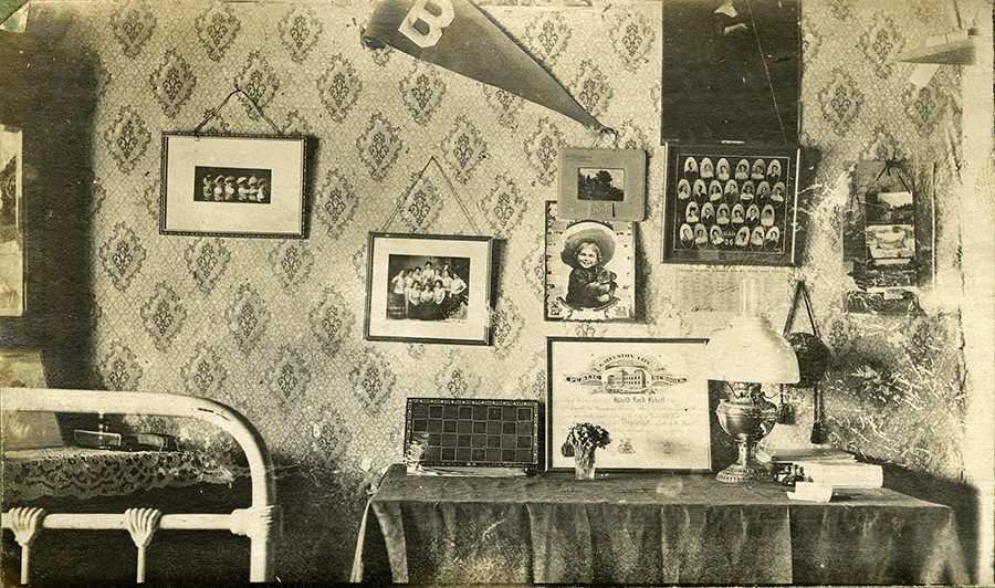 A decorated dorm room at Cowden Hall, Baylor University, 1910.
