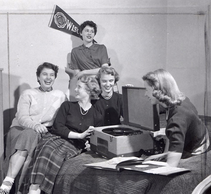 A record party with Elizabeth Waters Hall residents, 1950s.