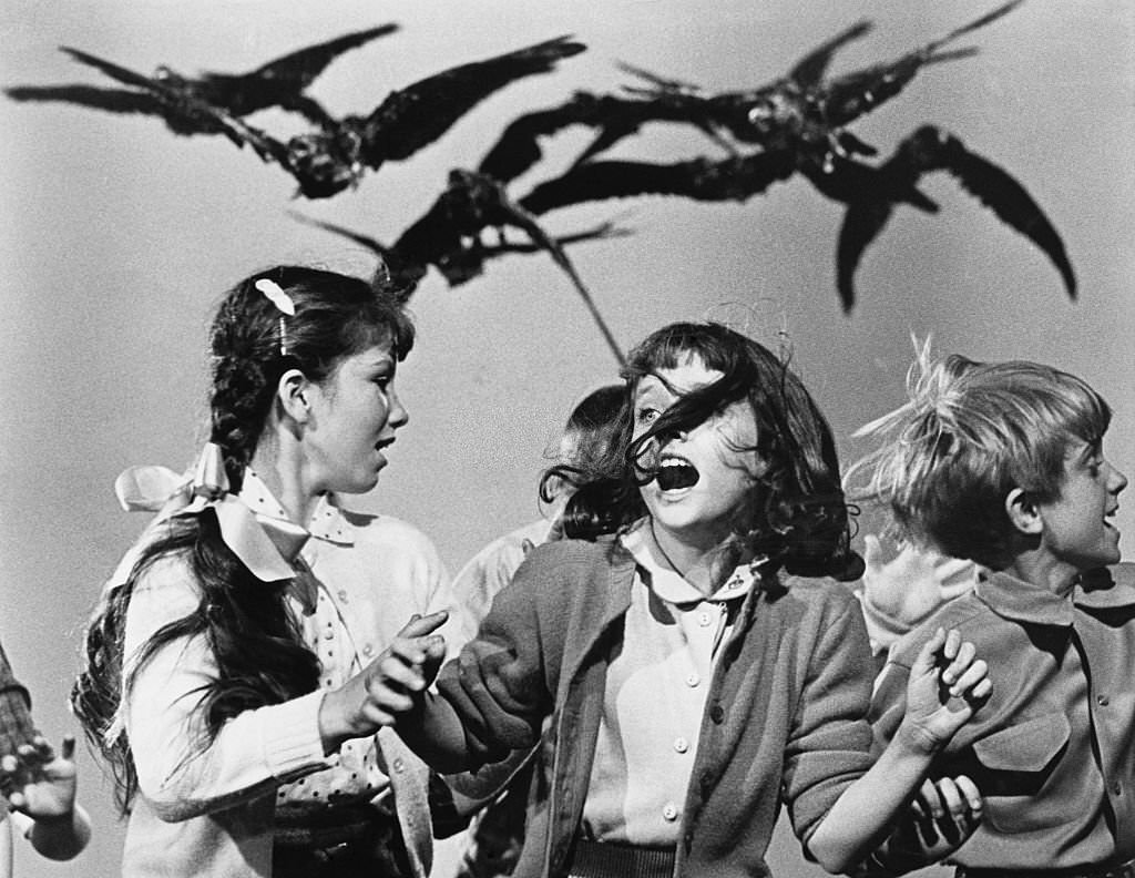 Crows chasing school children in 'The Birds', 1963