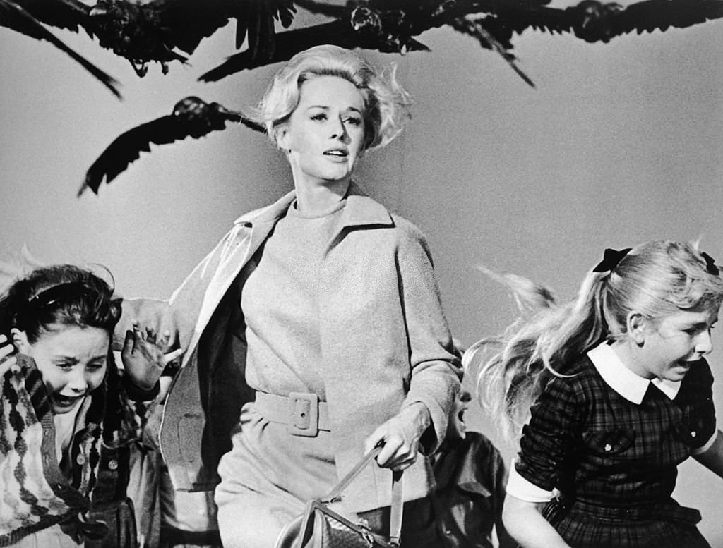 Tippi Hedren and a group of children run away from the attacking crows in a still from the film 'The Birds', 1963