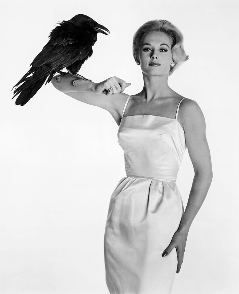 Tippi Hedren poses prettily with Buddy, the Raven, between scenes of 'The Birds', 1963