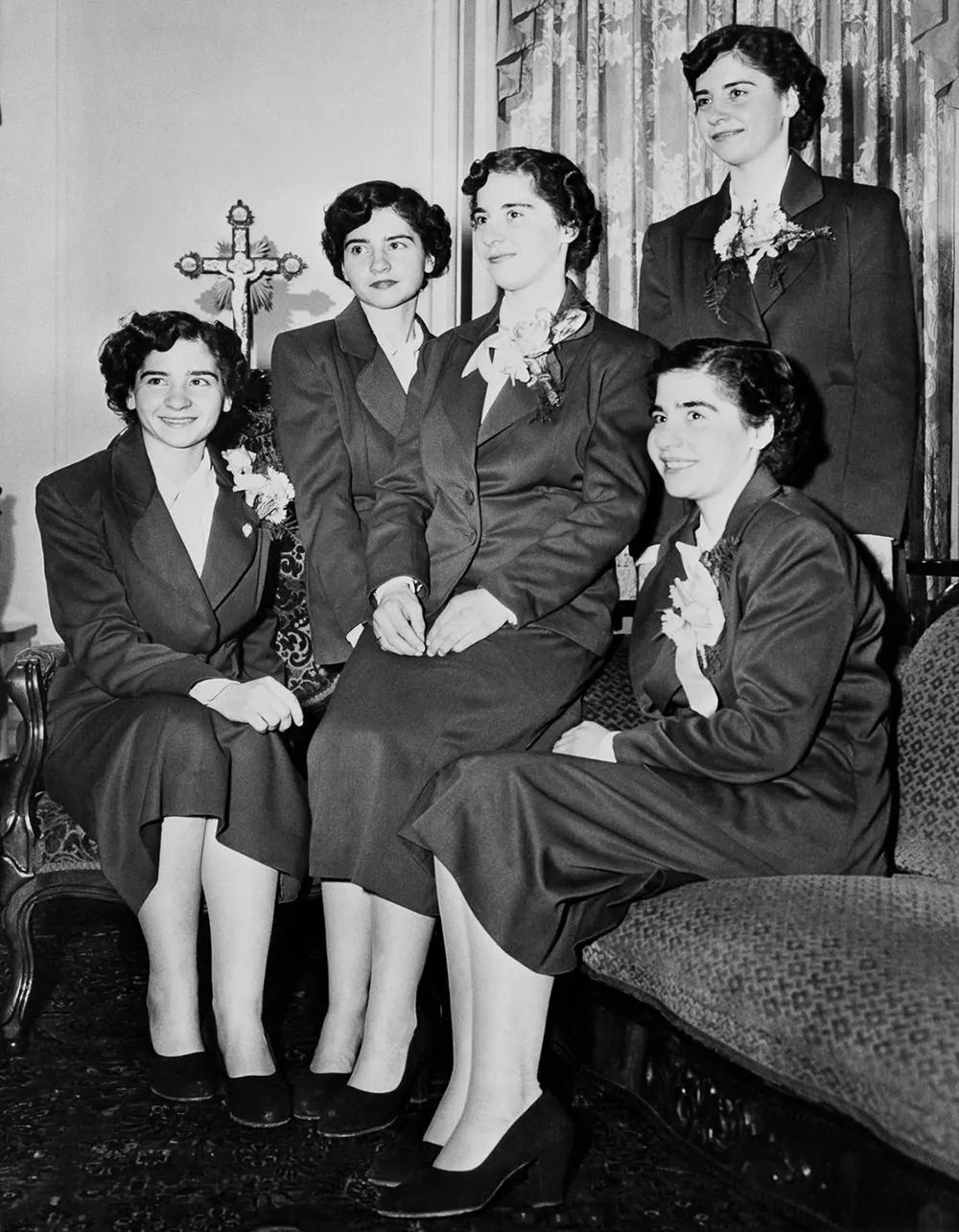 Yvonne, Annette, Marie, Cecile, and Emilie visit St. Paul, Minnesota for the winter carnival, 1950.