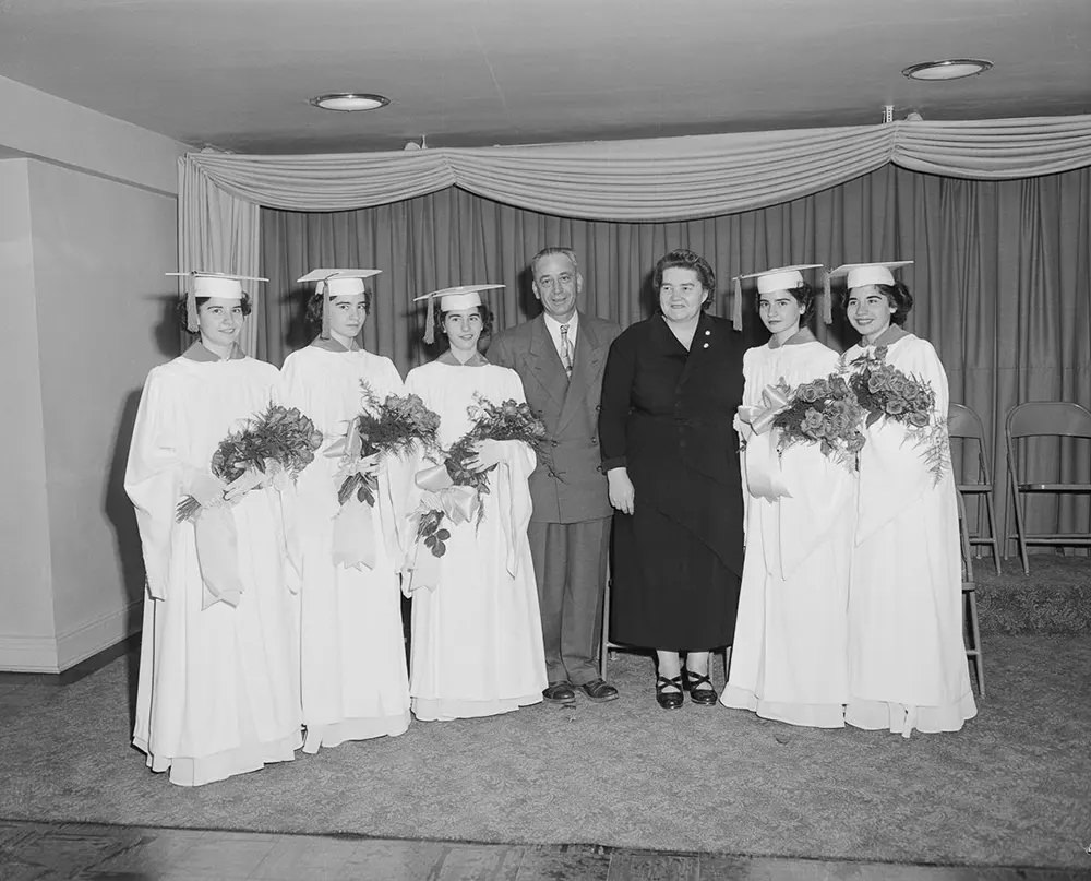 The quintuplets graduate from Villa Notre Dame, a private convent school in Callander, Ontario, 1952.
