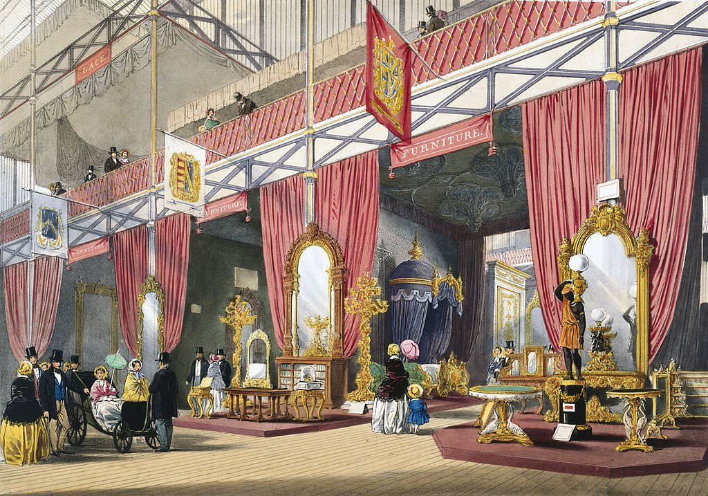 Furniture at the Great Exhibition, Crystal Palace, London, 1851.