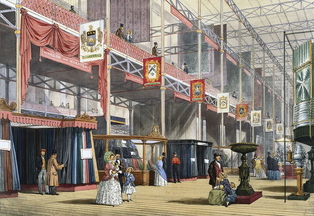 A wool stand at the Great Exhibition, Crystal Palace, London, 1851.