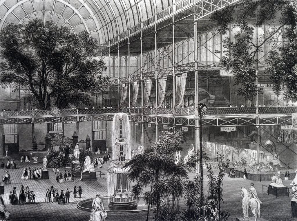 Engraving depicting the interior of The Crystal Palace (the Main Transept) during the Great Exhibition of 1851.