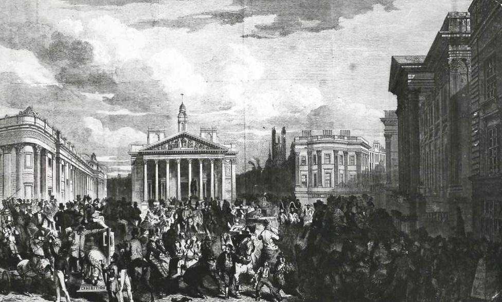 Crowds and traffic in the City of London during the Great Exhibition, 1851.