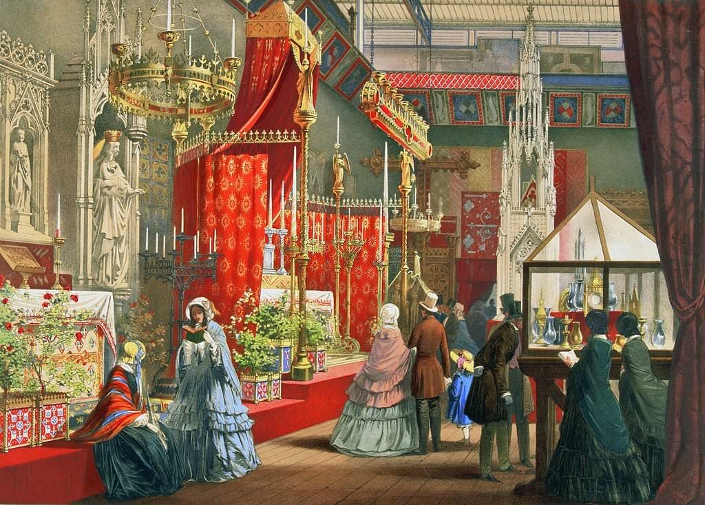 Victorians attending the Great Exhibition at Crystal Palace, the glass and iron building designed by Joseph Paxton, in Hyde Park, London.