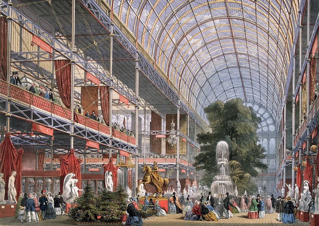 The Transept at the Great Exhibition in Crystal Palace, the glass and iron building designed by Joseph Paxton, at Hyde Park, London.