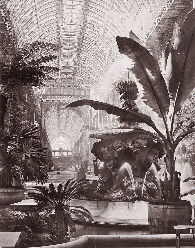 An ornate fountain surrounded by plants in the Crystal Palace at Sydenham, London, the site of the Great Exhibition of 1851.