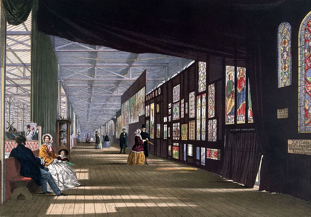 The Stained Glass Gallery at the Great Exhibition in Crystal Palace, the glass and iron building designed by Joseph Paxton, at Hyde Park, London.