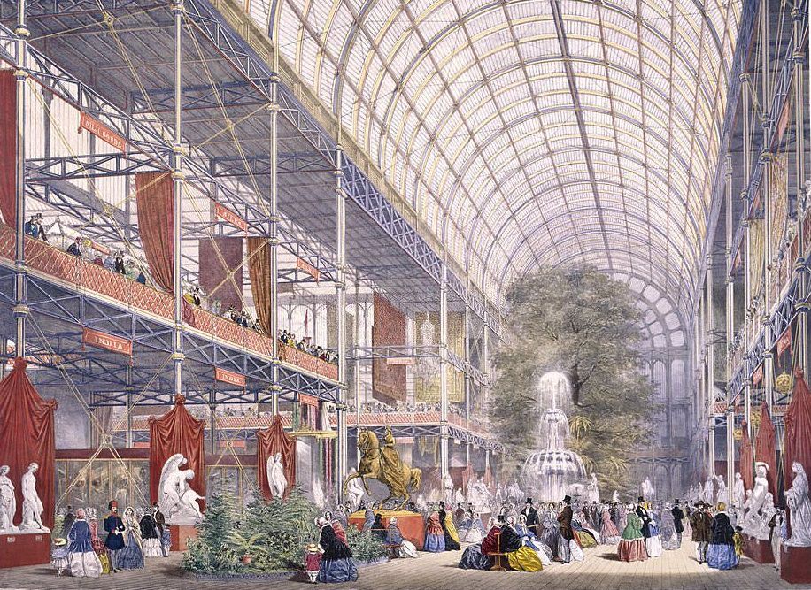 Interior view of Crystal Palace during the Great Exhibition at Hyde Park, London in 1851.