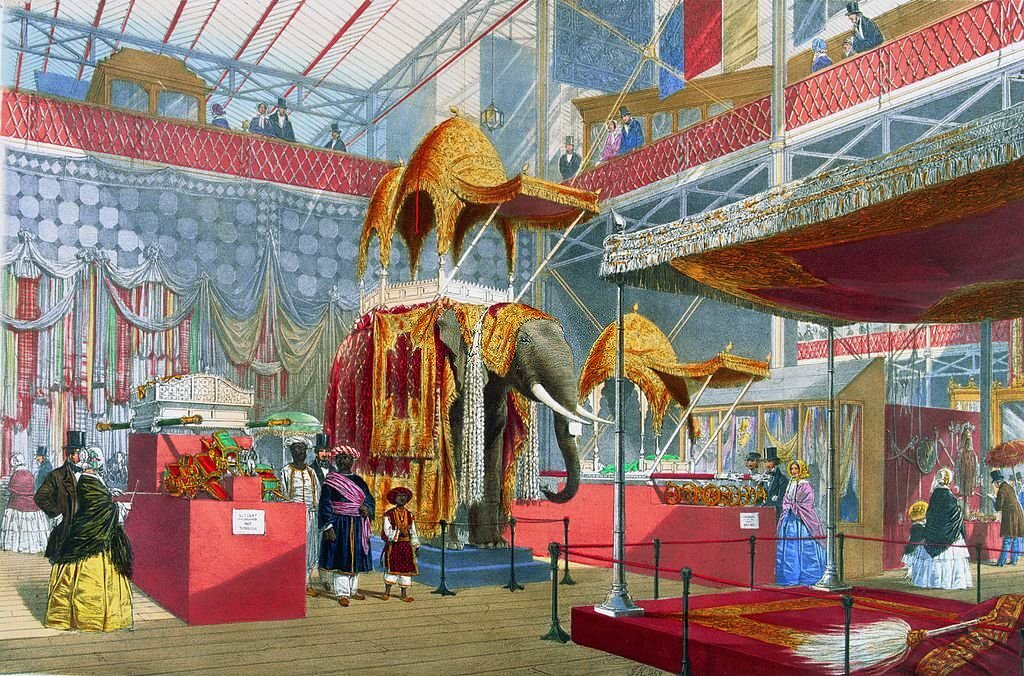 The India stand at the Great Exhibition in Crystal Palace, the glass and iron building designed by Joseph Paxton, at Hyde Park, London.