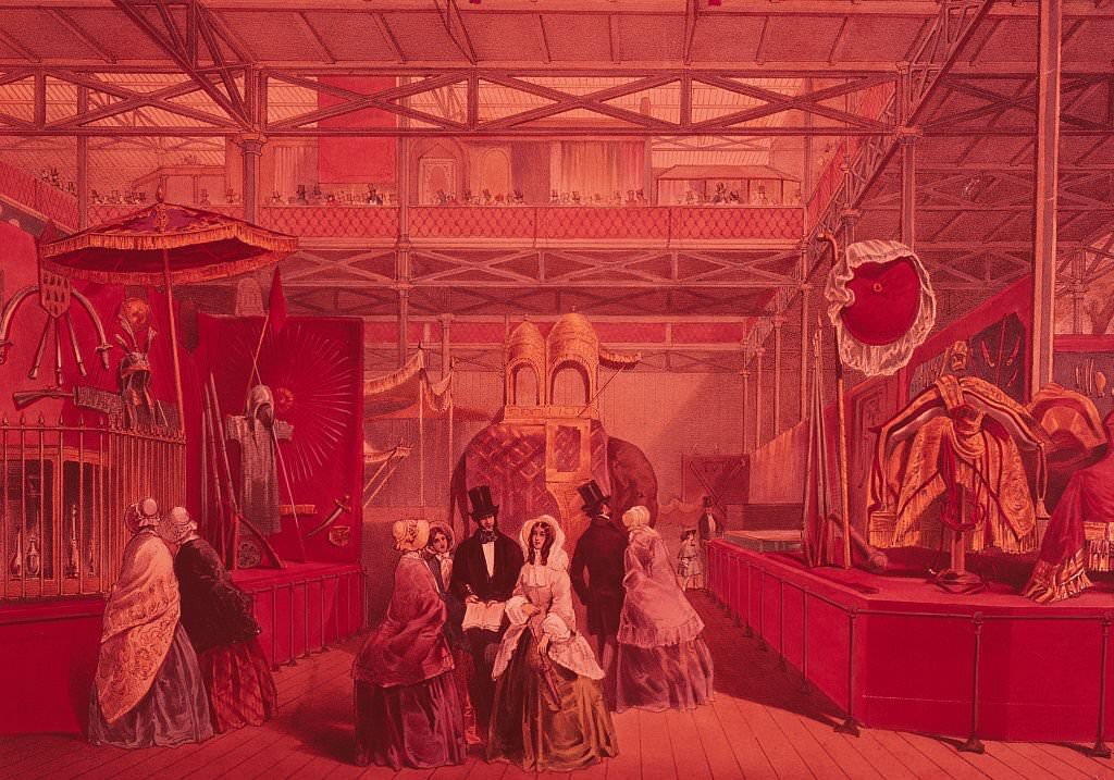 Interior view showing products at the Great Exhibition of London, 1851.