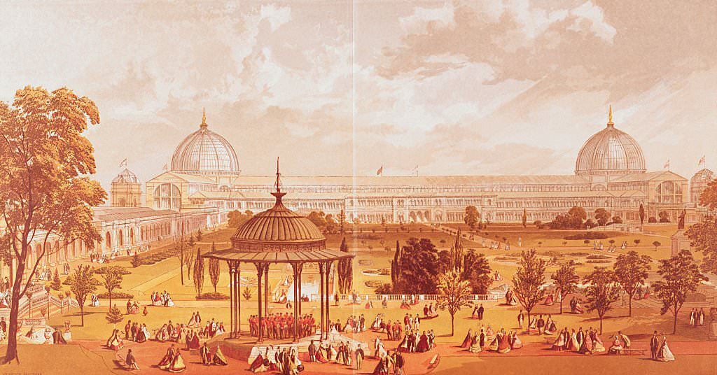 The Great International Exhibition, (Crystal Palace), seen from the Horticultural Gardens.