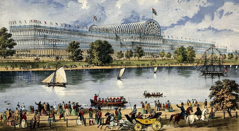 Visitors viewing the Crystal Palace across a reflecting pool at the Great Exhibition, 1851. Boats and carriages in the foreground.