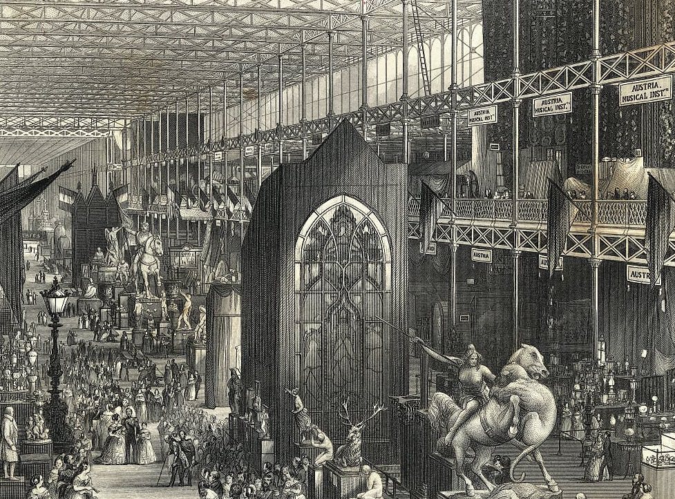 General view of the interior of the Great Exhibition, Main Avenue, Crystal Palace in 1851.