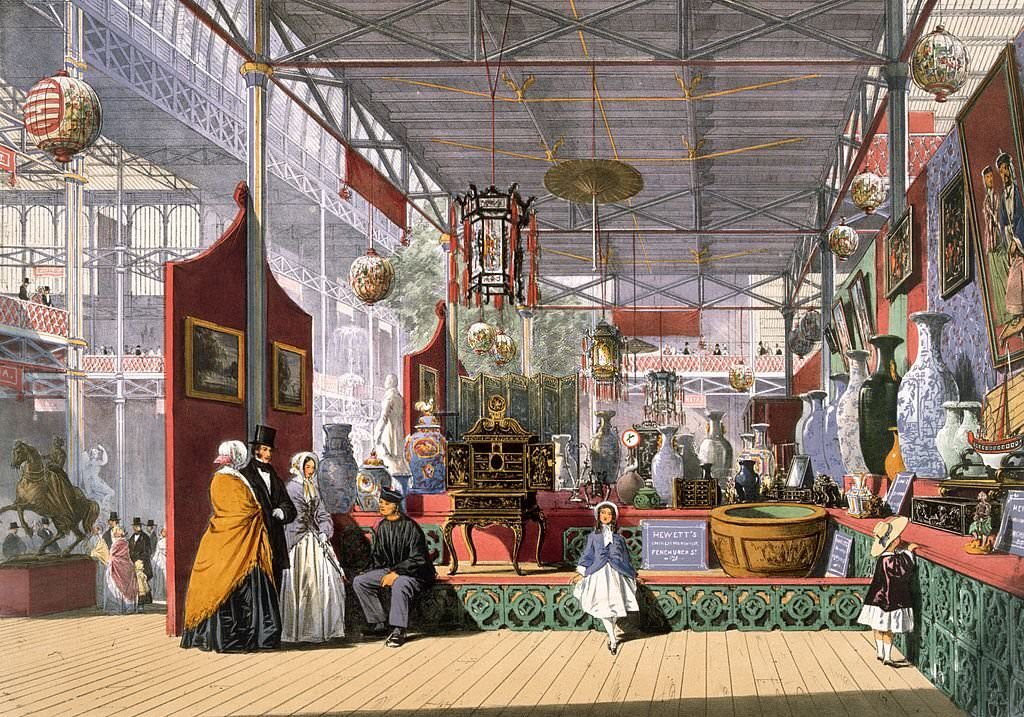 A display from China at the Great Exhibition in Crystal Palace, the glass and iron building designed by Joseph Paxton, at Hyde Park, London, 1851