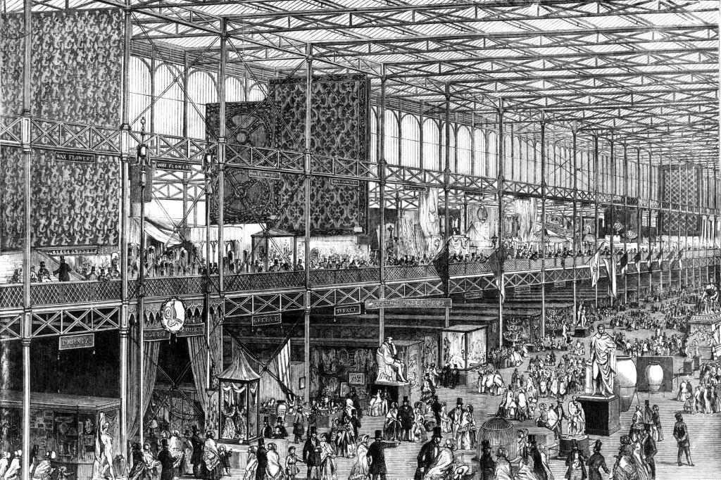 Inside Crystal Palace in Hyde Park, visitors admire the 'Great Exhibition of the Works of the Industry of all Nations', an idea conceived by Prince Albert (1819-1861), 1851.