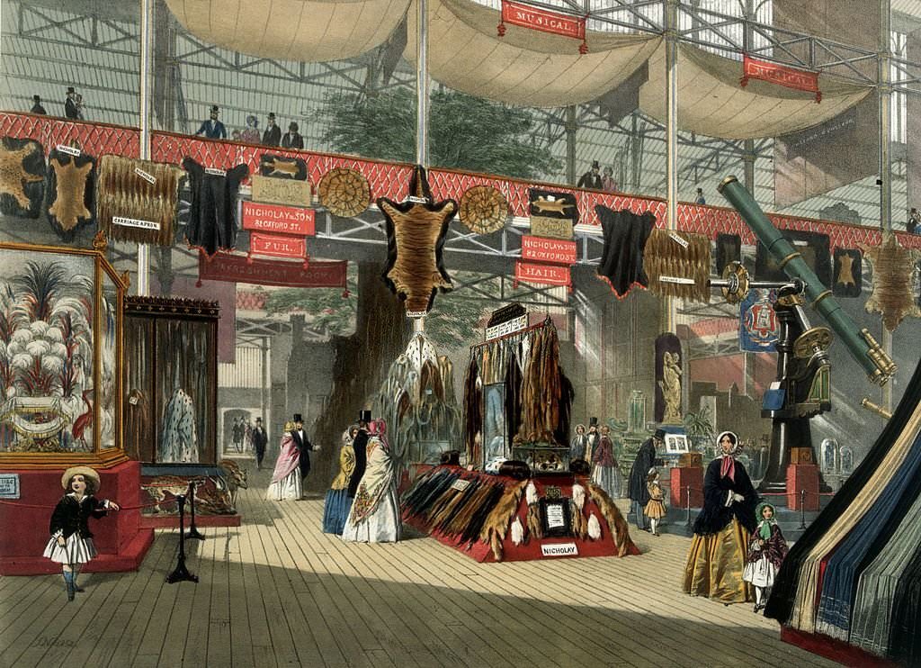Furs on display at the Great Exhibition in Crystal Palace, the glass and iron building designed by Joseph Paxton, at Hyde Park, London, 1851