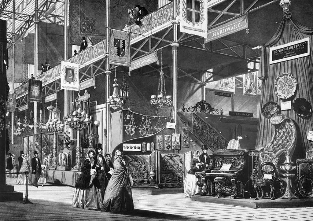 The interior of the Great Exhibition, at the Crystal Palace exhibition, Hyde Park, London, 1851
