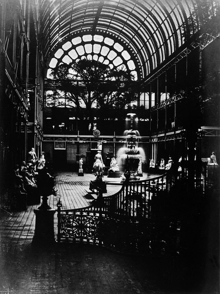 A collection of sculptures in a southern transept of the Crystal Palace in London's Hyde Park, 1851