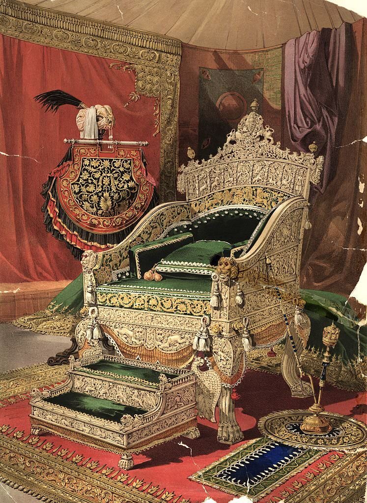 An ivory throne and footstool presented to Queen Victoria by the Rajah of Travancore, on display in the 'Industrial Arts of the 19th Century' gallery of the 1851 Great Exhibition.