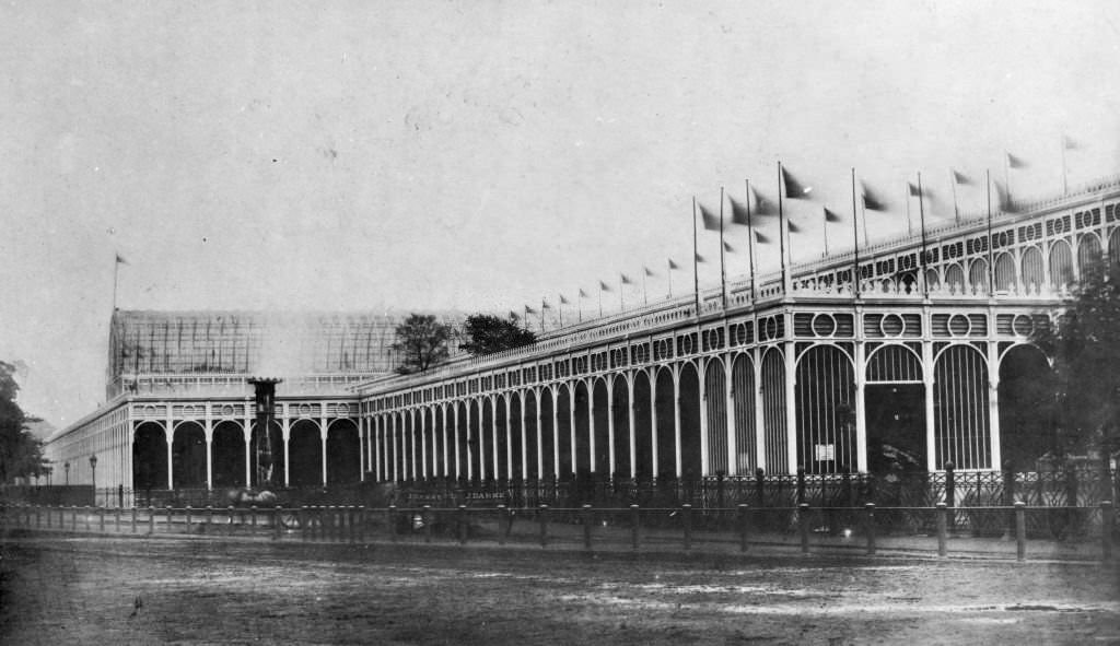 Flags flying on the north-west corner of the Crystal Palace in London's Hyde Park, 1851