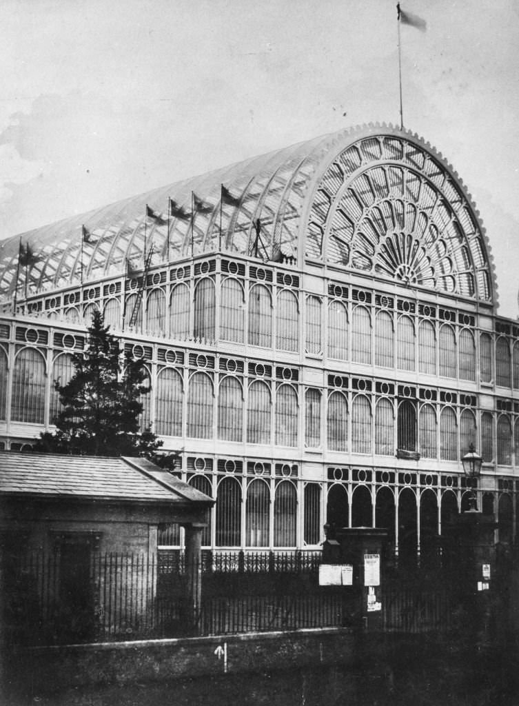 The front of the Crystal Palace in London's Hyde Park. The massive iron and glass structure was designed by Sir Joseph Paxton as the venue for the Great Exhibition of 1851.