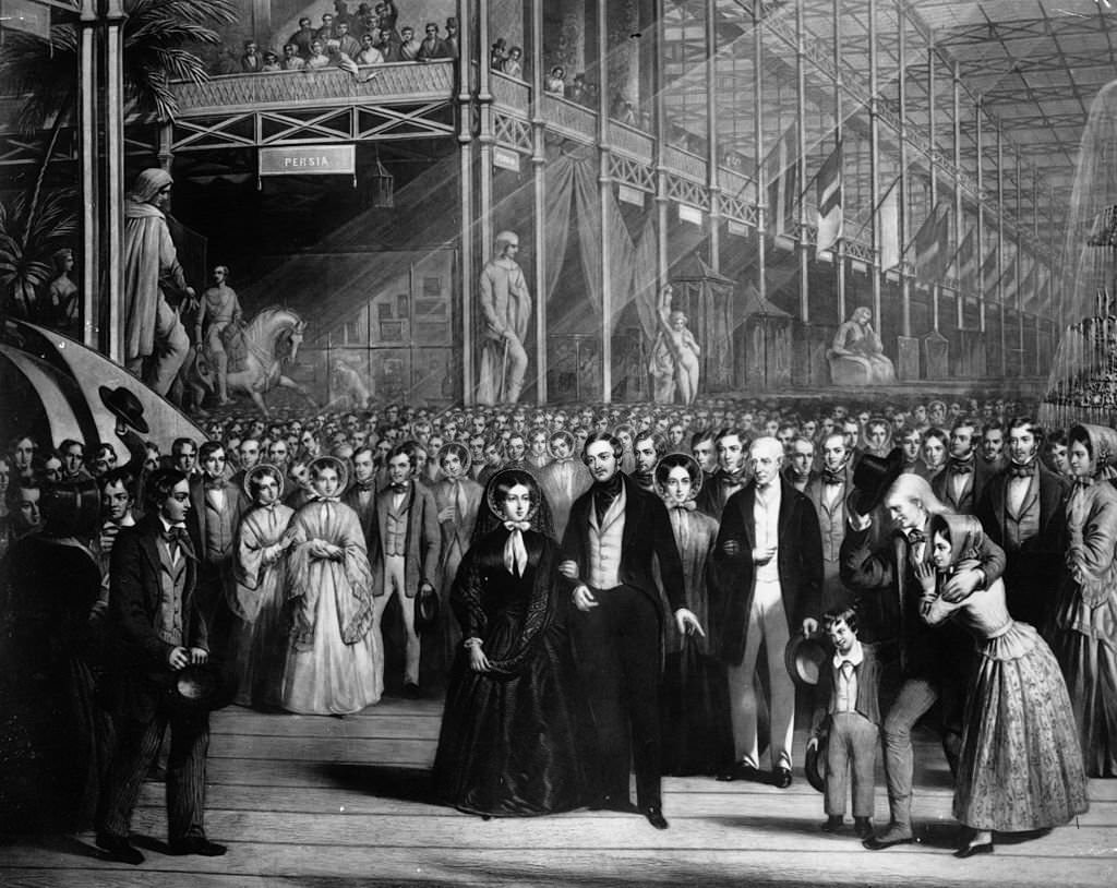 Queen Victoria (1819 - 1901) with her consort Prince Albert (1819 - 1961) and the Duke of Wellington (1769 - 1852) at the opening of the Great Exhibition at Crystal Palace, Hyde Park, London.