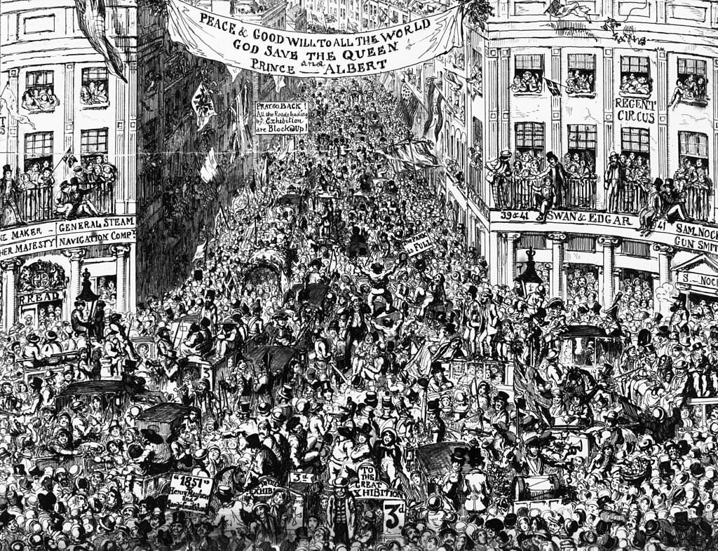 London's Piccadilly Circus heaving with crowds on their way to the Great Exhibition in Hyde Park, 1851