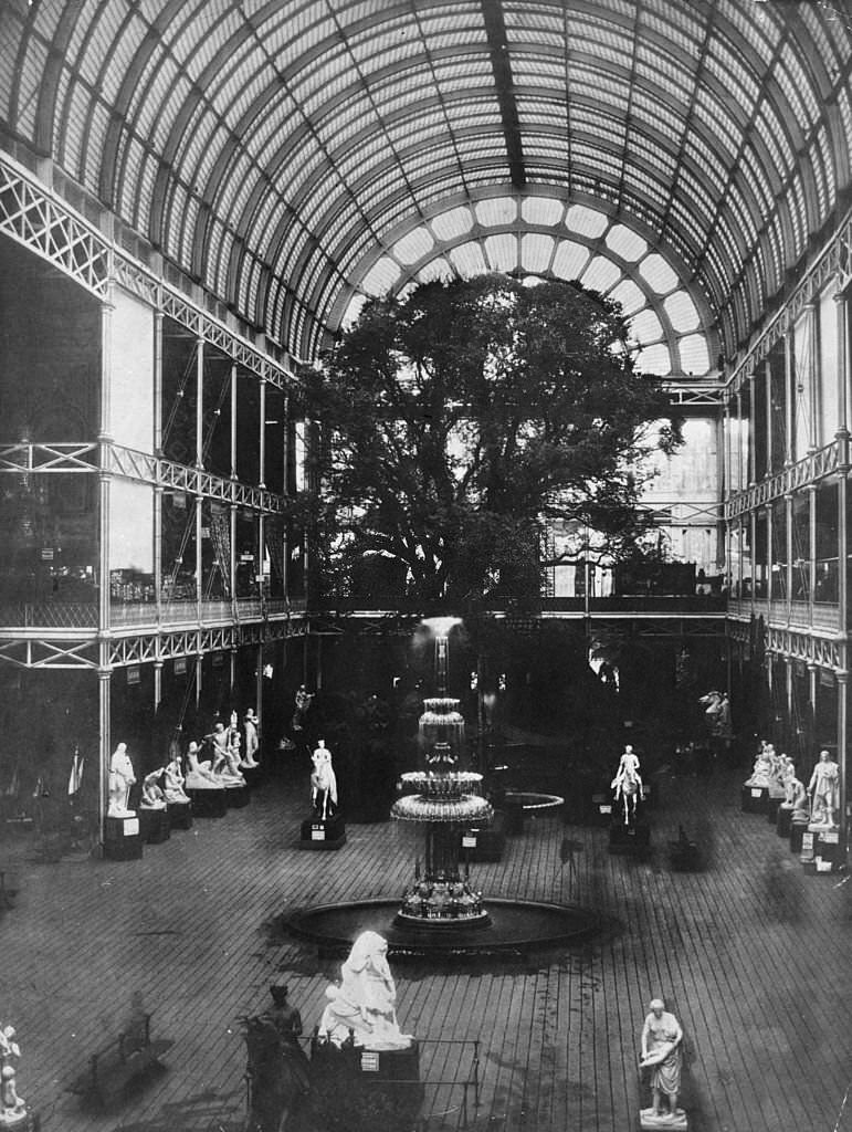 Some of the sculptures, trees and fountains which filled one wing of the Crystal Palace in London for the Great Exhibition of 1851.